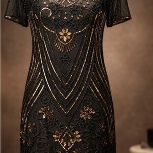 Chic Hunter Green  and Gold Embellished Midi Dress